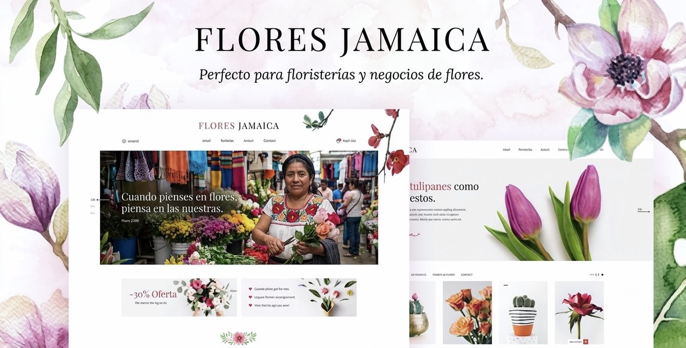 Página web demo para florería 'Flores Jamaica': acuarelas florales, vendedora de mercado y catálogo de arreglos