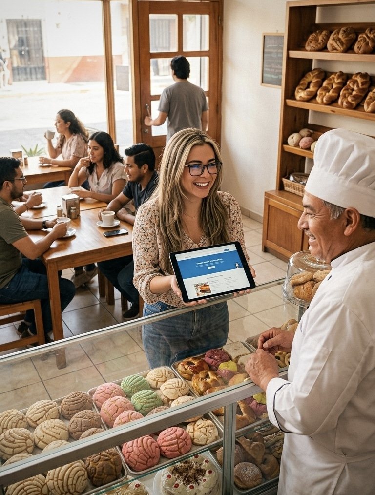Dueño de una pastelería y diseñadora de Primer Click revisando juntos el avance de su página web en una tablet, con clientes en las mesas